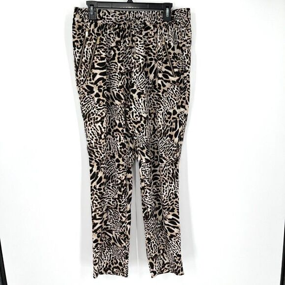 Calvin Klein Leopard Print Polyester Pants Lightweight High Rise Brown Medium - Picture 1 of 11